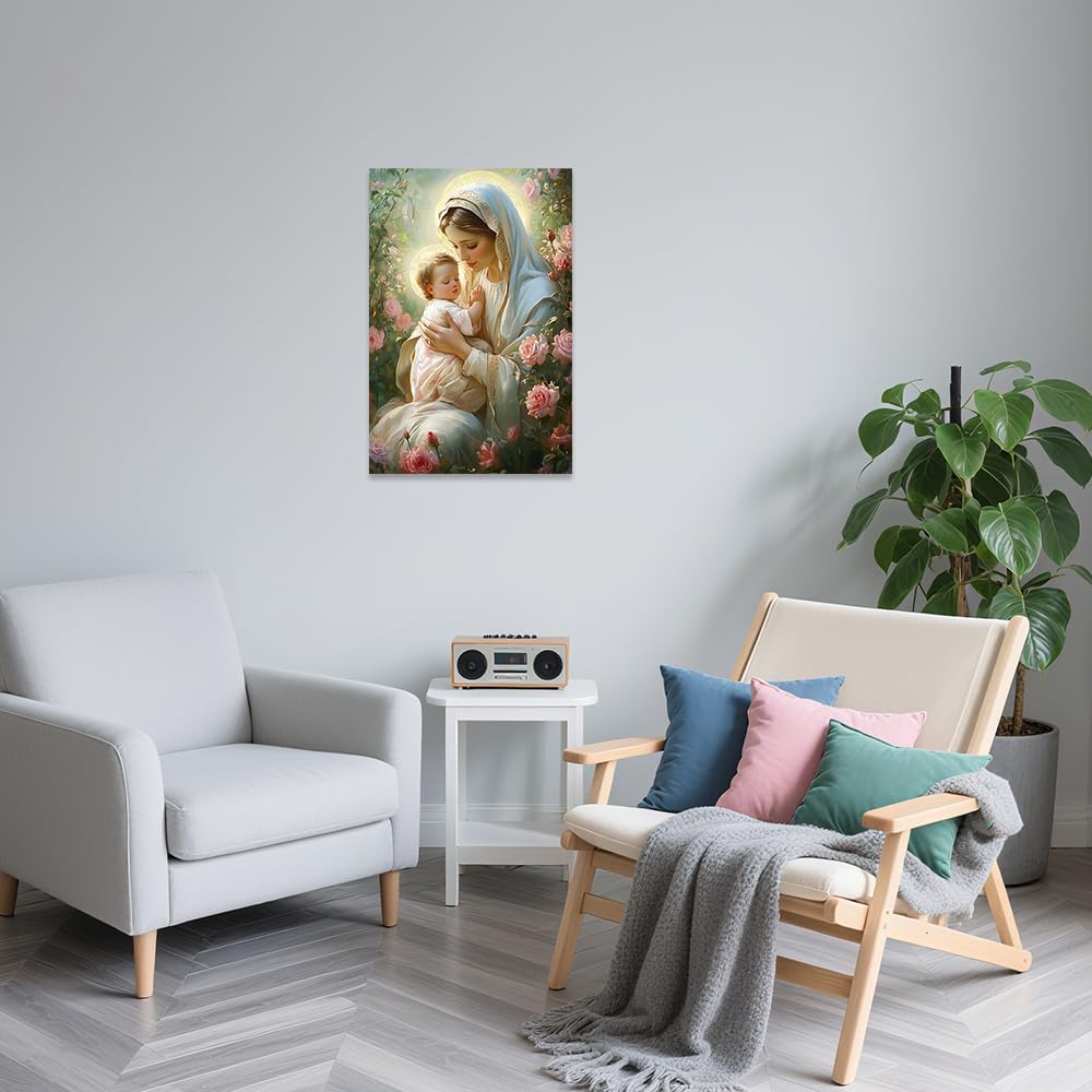 QIXIANG Virgin Mary Wall Art Catholic Saint Mary Canvas Painting Mother of Jesus Religious Wall Picture Christian Artwork Church Decor Framed(Green,12L x 18W)