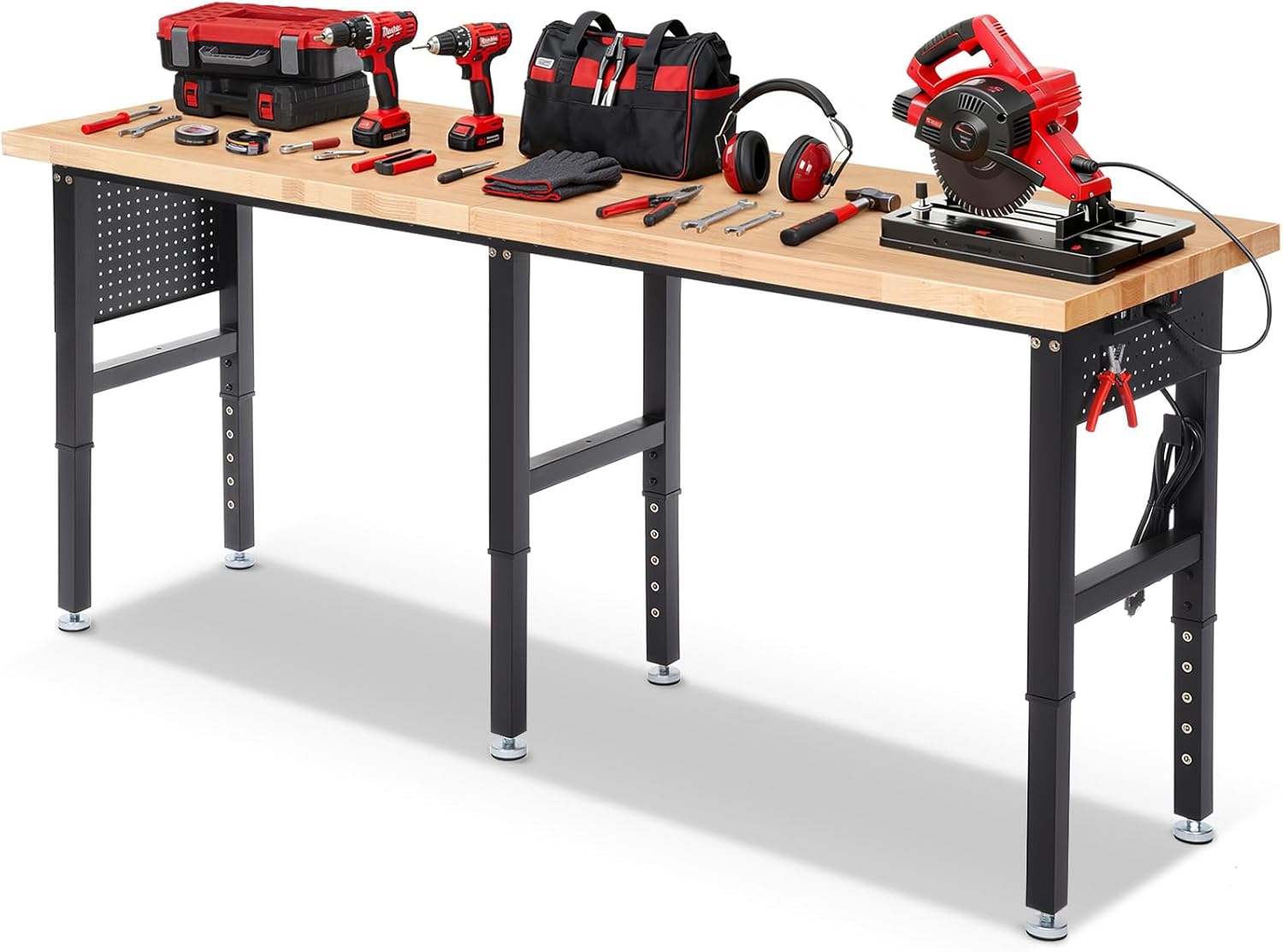 Workbench for Garage with Wheels 60 x 22 Inch Heavy Duty Rubberwood Tabletop Work Table with Under Table Shelf, Pegboard, Power Outlets for Woodworking Shop Home Office