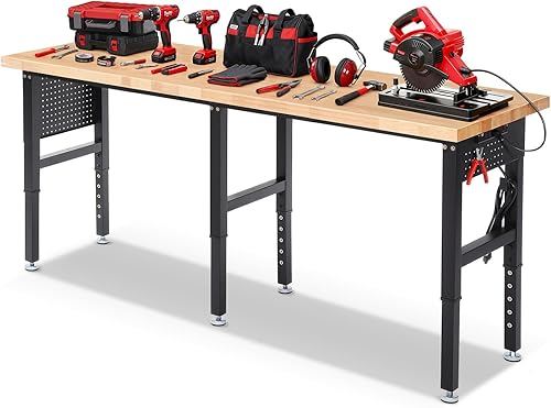 Miniatura 8 de Mesa de trabajo para garaje de 60 pulgadas Banco de trabajo con almacenamiento Altura ajustable Tablero de madera de goma Banco de trabajo con