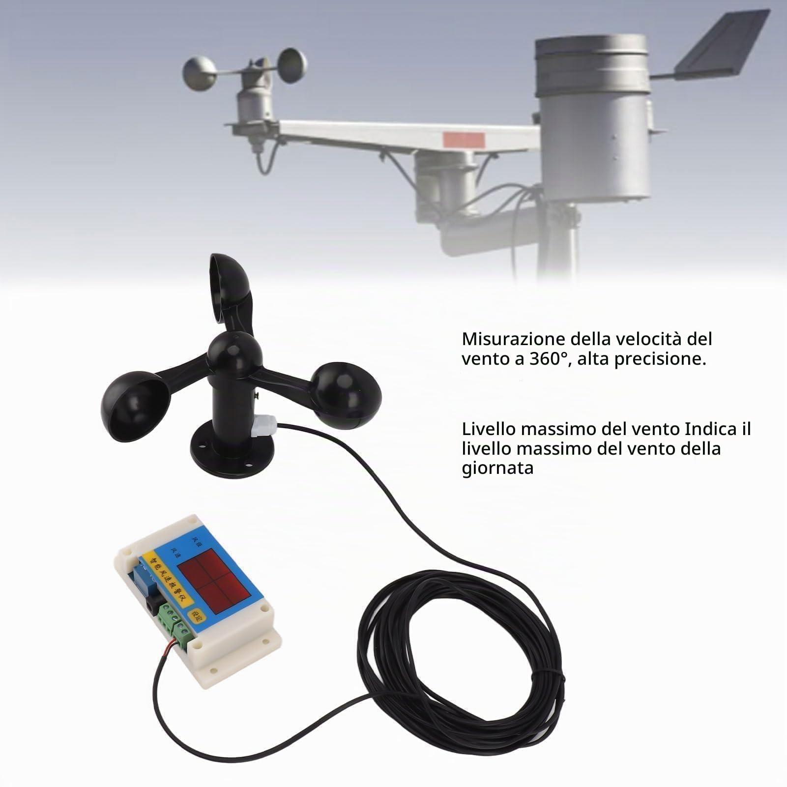 Anemometro USB con 3 Pale, Dispositivo di Allarme per Velocità del per Gru a Torre, 5V, Alta Precisione, con Funzione di Memoria dopo Interruzione di Corrente, per Uso Esterno