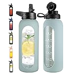 CIVAGO 40 oz Glass Water Bottle with Straw and Handle, Large Sports Motivational Water Bottle Flask with Time Marker and 2 Lids, Leakproof Water Jug Canteen with Silicone Sleeve for Gym,Sage
