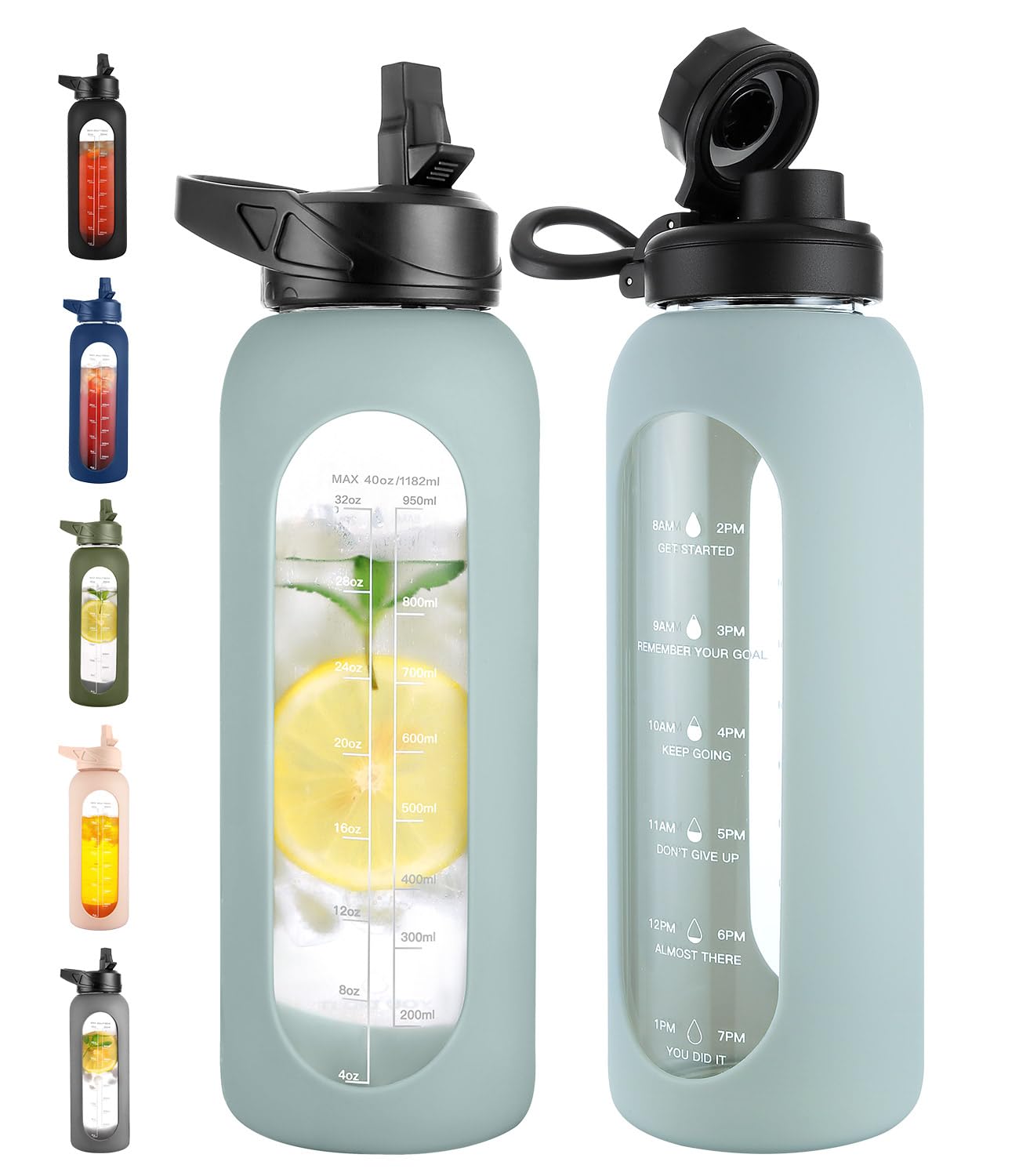 CIVAGO 40 oz Glass Water Bottle with Straw, Large Motivational Water Jug