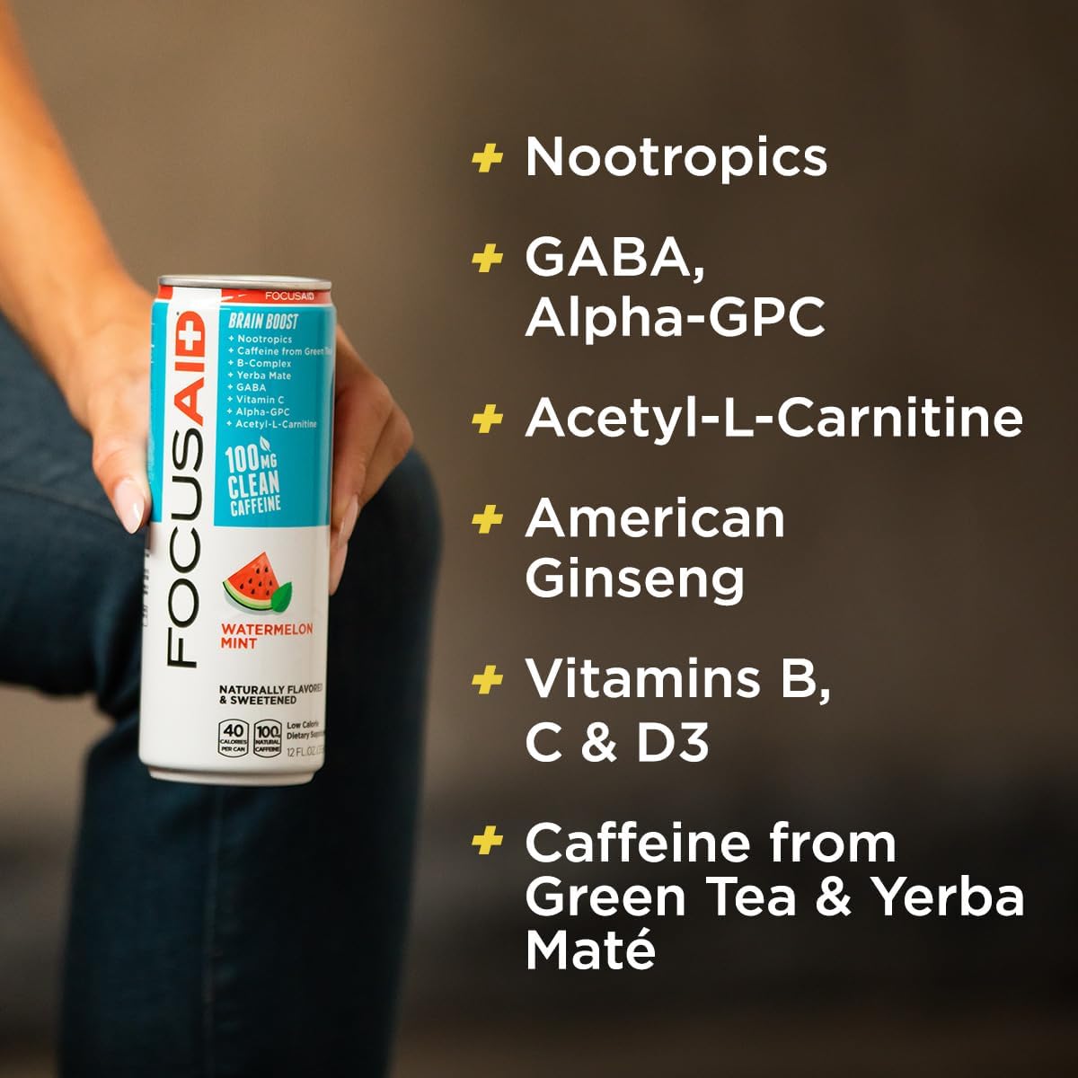 FOCUSAID Energy Drink, Brain Boost, Juicy Watermelon, Nootropics, Alpha-GPC, GABA, B-Complex, 100mg Caffeine, Yerba Mate, Green Tea, 100% Clean, No Artificial Sweeteners, 12-oz. cans (Pack of 12)