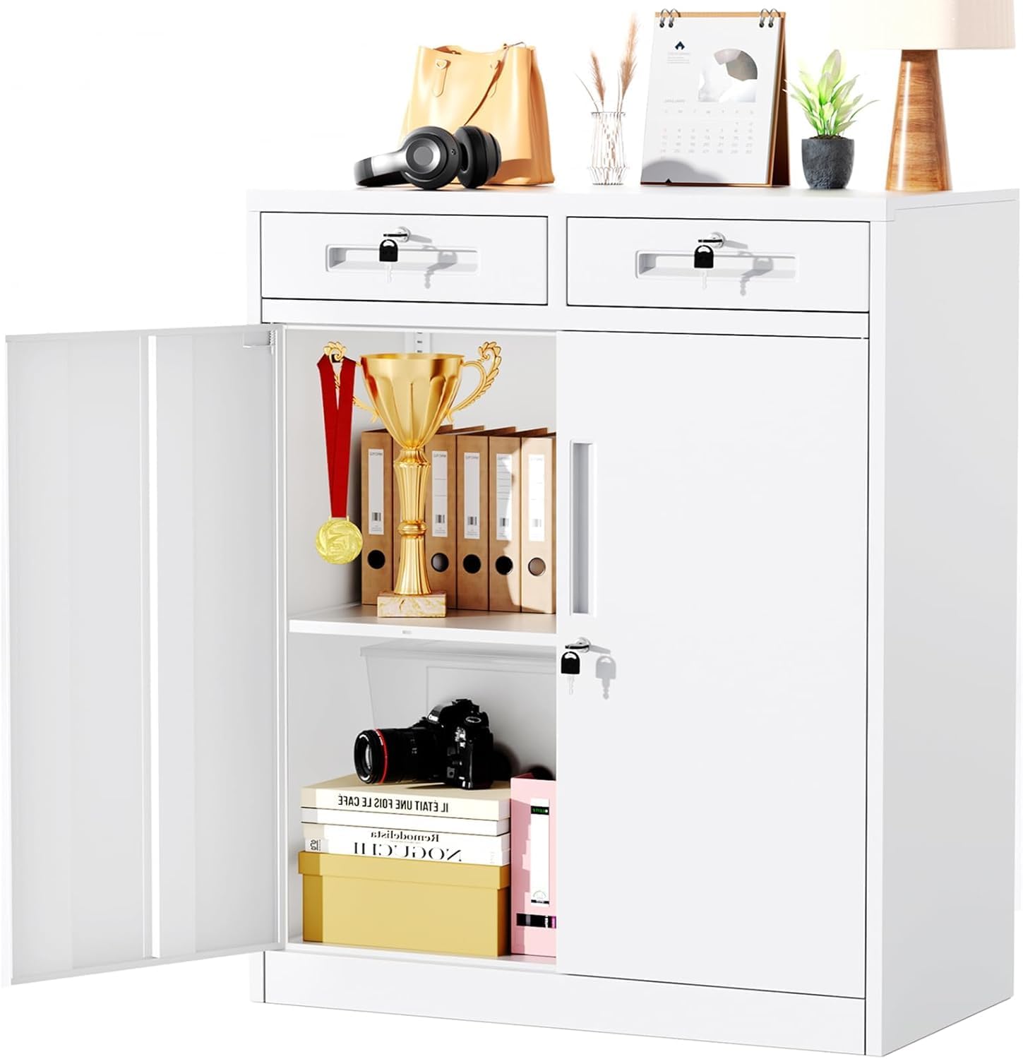 Greenvelly Metal Storage Cabinet with Drawers, 42" H Steel Locking Storage Cabinet with Doors and Adjustable Shelves, Lockable Metal File Cabinets for Home Office, School, Garage (White)