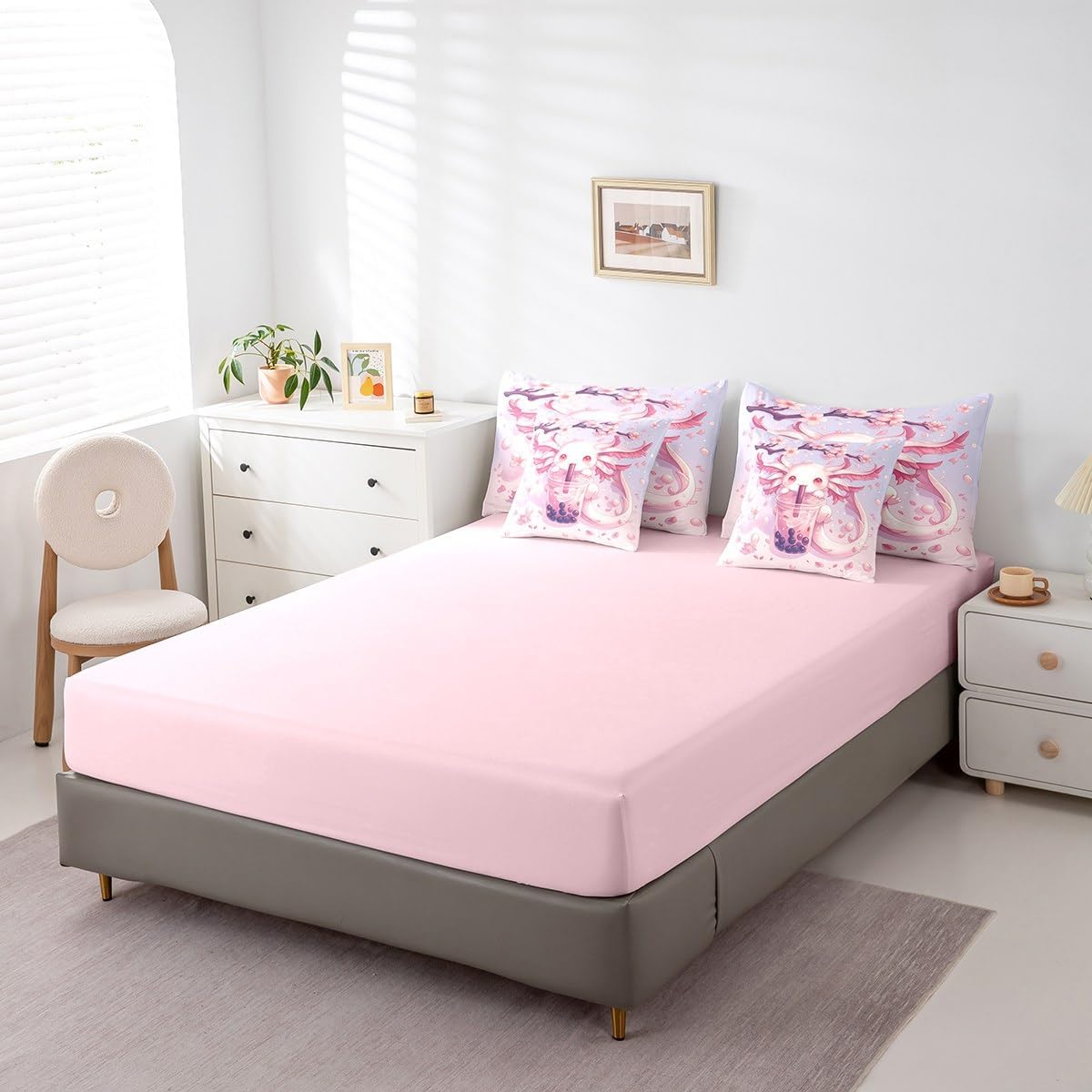 Erosebridal Cartoon Salamander Girls Queen 7 Piece Bedding Set Cute Kawaii Animal Comforter Set With Sheets For Kids Teen Women,Pink Cherry Blossom Milk Tea Bed In A Bag Woodland Newt Wildlife Bed Set