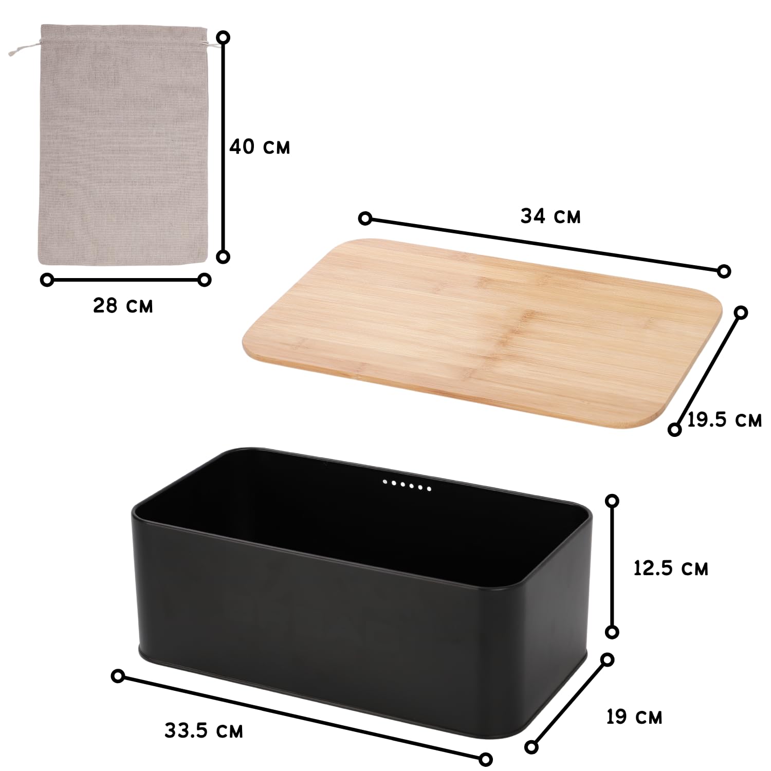 Set Organización Cocina 4 Piezas: Panera + Juego de 3 Botes para Patatas, Cebollas y Ajos. Cajas de Almacenaje Metal Negro Mate con Tapa de Bambú y Ventilación