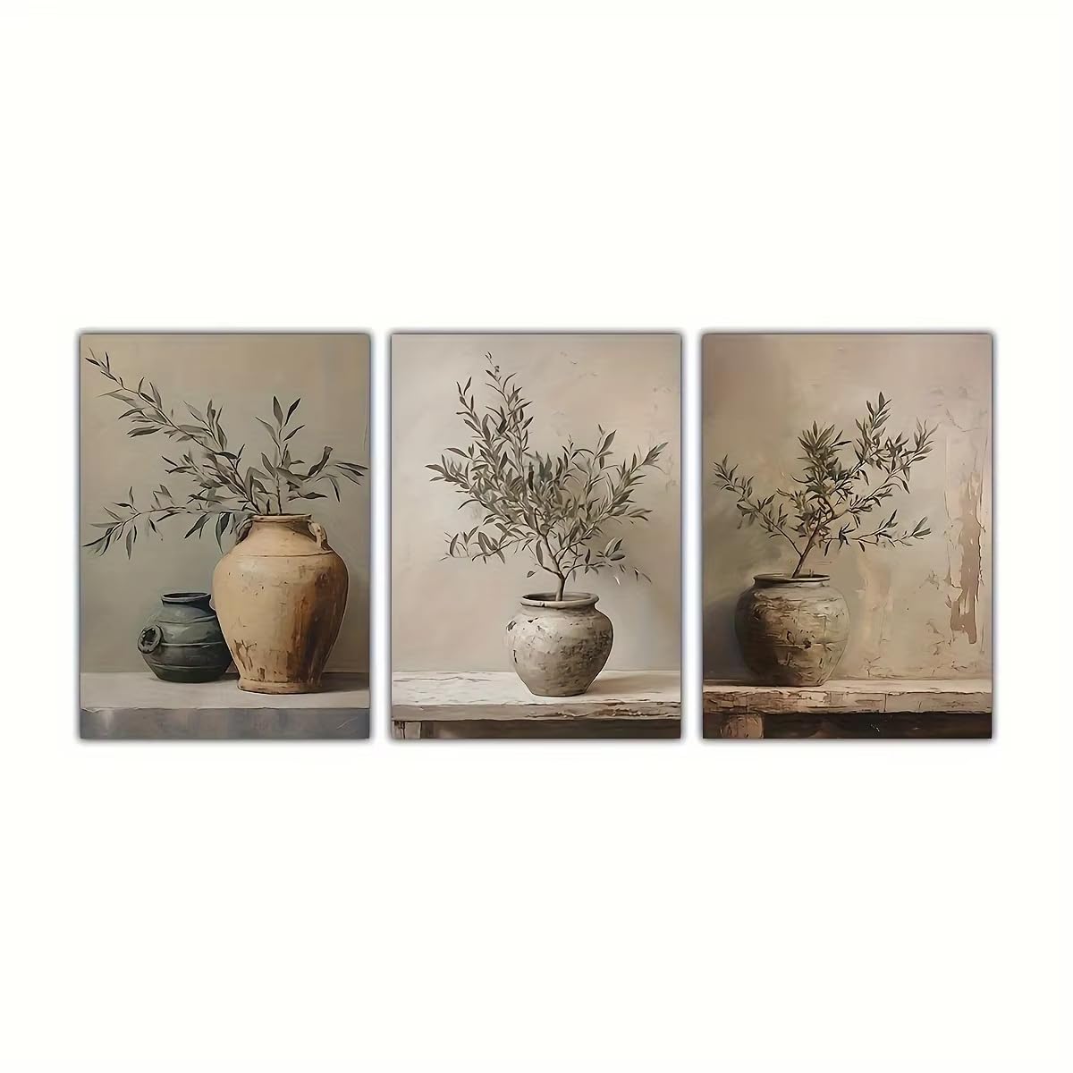 XIANGPEIFBH 3pcs Canvas Painting Frameless Retro Olive Branch Vase Canvas Art Prints,Retro Plant,Living Room Modern Home Decor((90x130cm/35x51in) x3/Unframed)