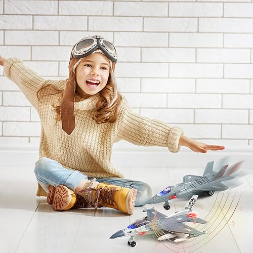 Miniatura 2 de Juguete de avión F35 F16, paquete de 2 juguetes de caza para niños, jets de juguete de retroceso, modelo de aviones fundidos a presión con luz y