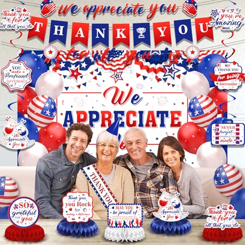 Image of We Appreciate You Party Decorations Red Blue Thank You for All You Do Banner Honeycomb Centerpieces Hanging Swirls Kit Decor for Men Office Employee Pastor Teacher Doctor Appreciation Party Supplies