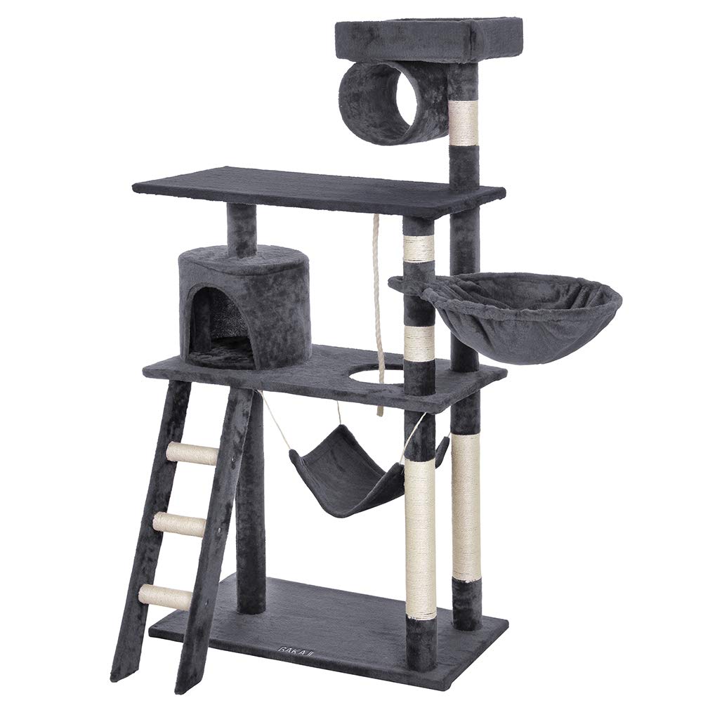 Bakaji Albero Tiragraffi per Gatti in Sisal e Peluche Parco Giochi Gatto con Cuccia Sospesa Nascondigli Pali Graffiatoio e Piattaforme Dimensioni 142 x 74,5 x 40 cm (Grigio)