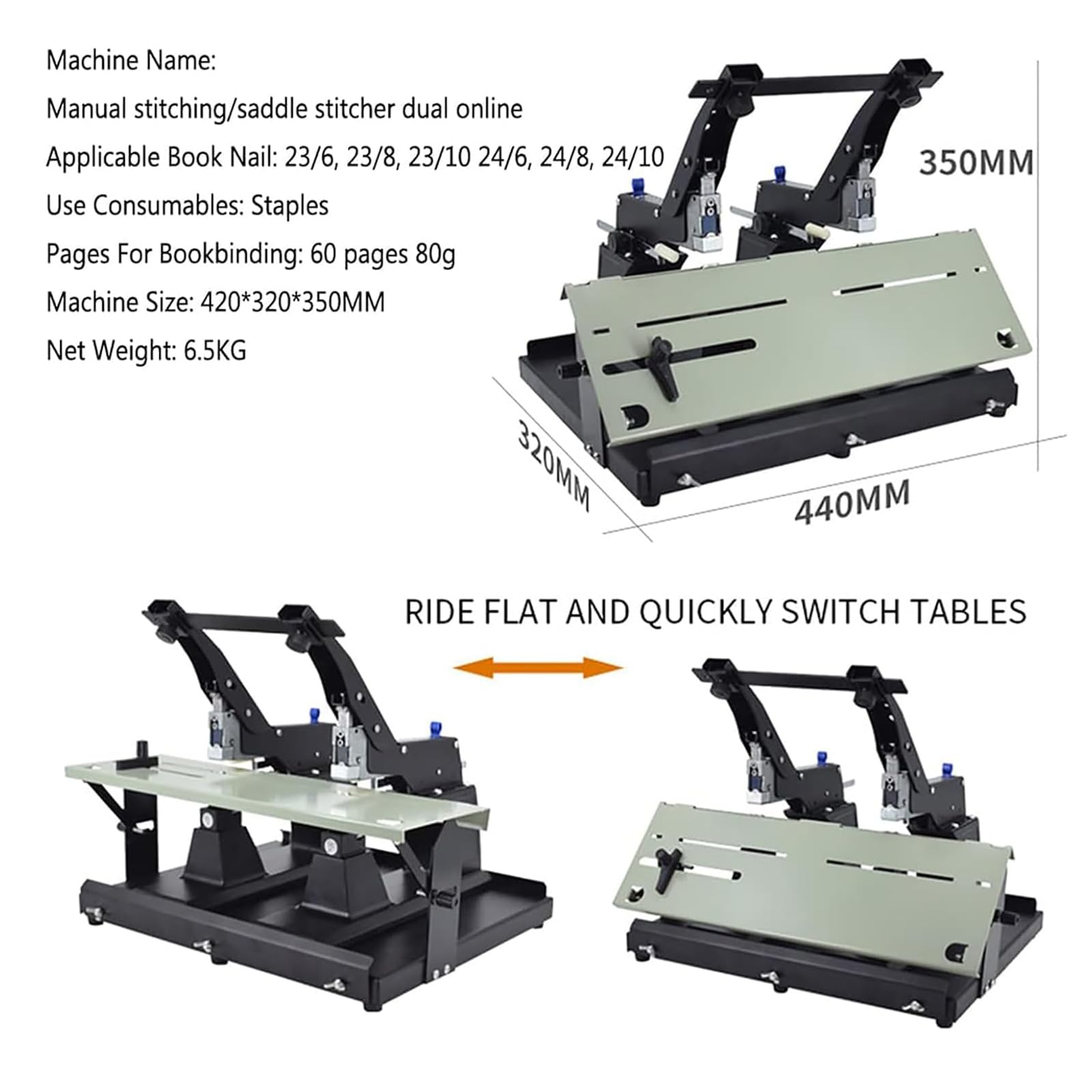 Manuelles Doppel-Link-Hefter, 60 Blatt, robuste Bindemaschine, flacher Modus und Sattelmodus, verstellbare Bindungstiefe 0–10 mm, passend für normale Heftklammern, für Büro, Schule, Bank