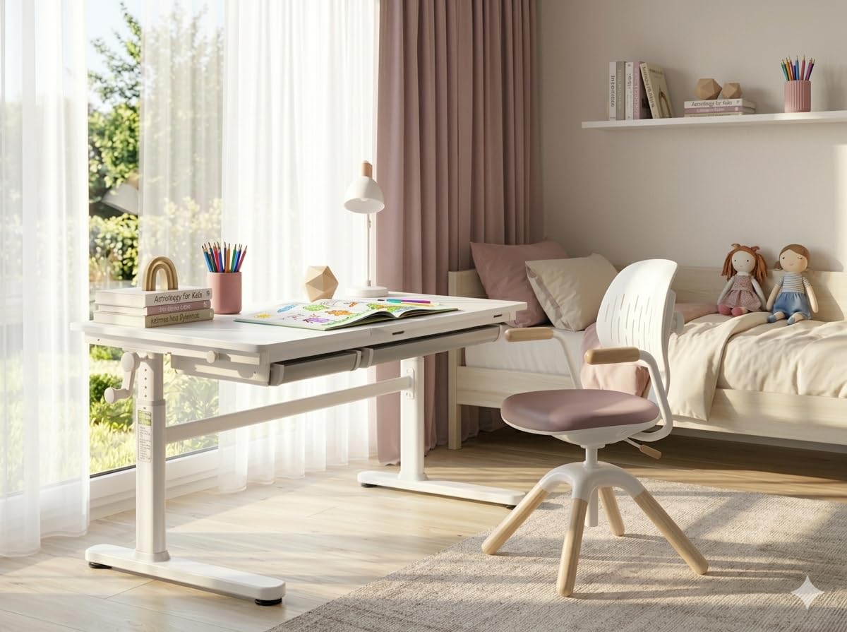 HOKO Kinderdrehstuhl höhenverstellbar, Jugendstuhl ohne Rollen, bis 120 kg | dynamisch mitbewegende Rückenlehne, Sitzhöhe von 40-50 cm, 360° drehbar, 30° neigbar, für Kinder ab ca. 125 cm, Rosa, LAURA