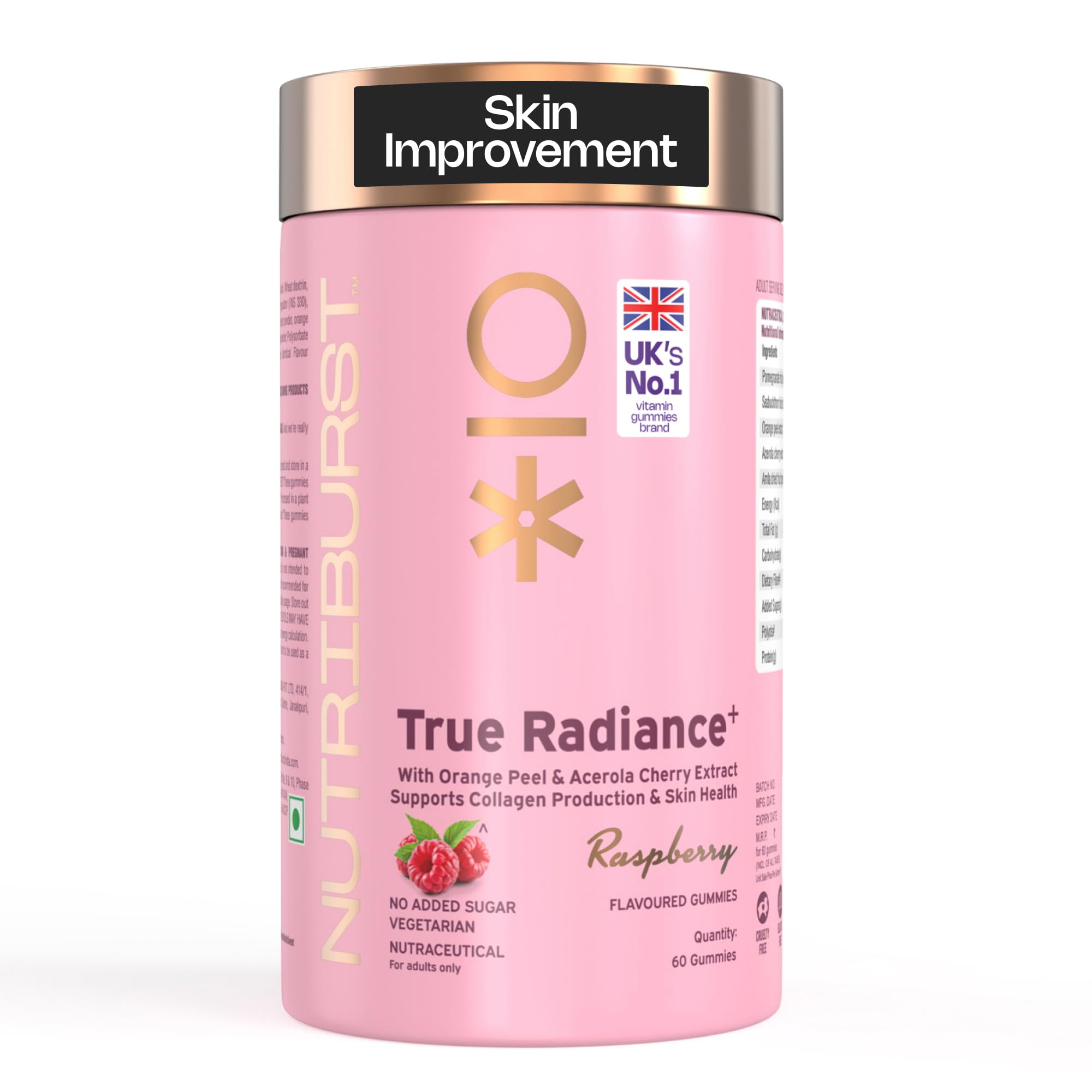 True Radiance Collagen Gummies | Raspberry Flavour with Orange Peel & Acerola Cherry Extract | Supports Collagen Production and Skin Health | No Added Sugar | Enhances Skin Elasticity and