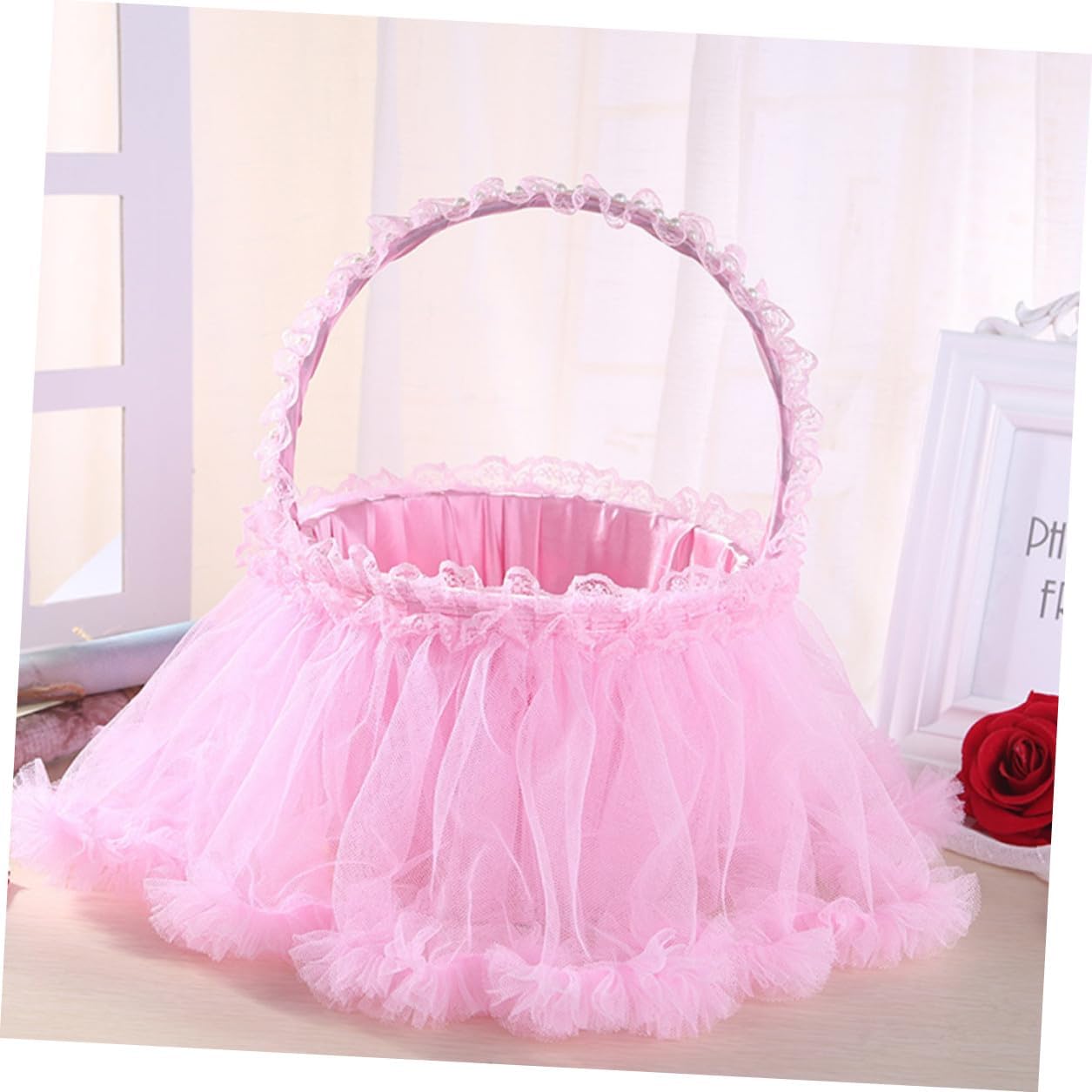 FOMIYES Wedding Scatter Flower Basket Pink Lace Petal Basket for Bridesmaids Wedding Party with Handle Ceremony Supplies
