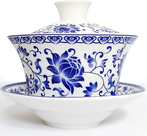 Taza de té china Gaiwan, tazas de té Kungfu de porcelana tradicional asiática sin mango con tapa y platillo 6.8 onzas, China Classic Gaiwan (loto