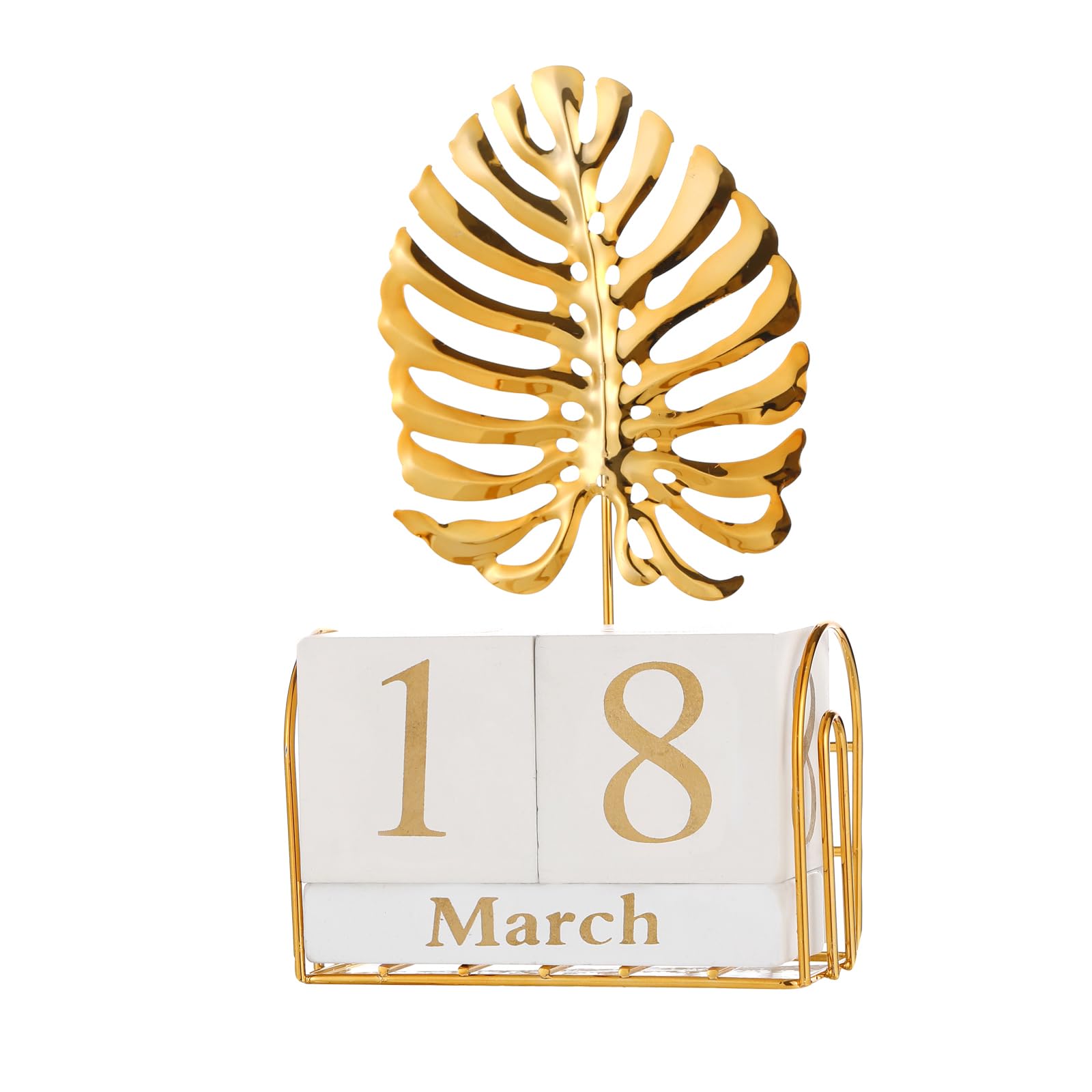 Aovdy Perpetual Calendar Wooden Blocks Calendar for Home Office Desk Date Week Month Accessories (Golden Leaf Calendar C)