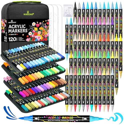 WINSONS 120 Colors Acrylic Paint Markers, Permanent Dual-Tip Acrylic Markers Set, Soft Brush Tip...