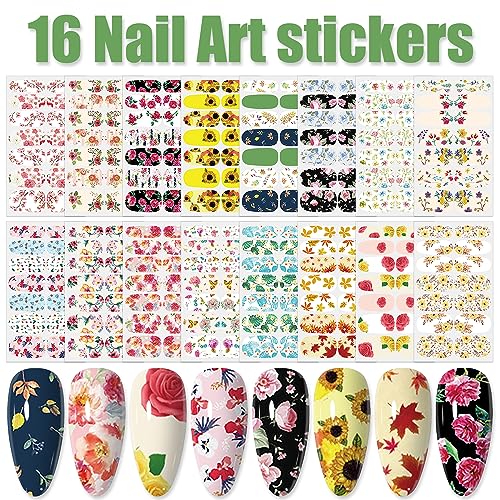 Wokoto 16 Sheets Flowers Nail Polish Strips Stickers Self-Adhesive Full Nail Wraps For Women Daisy Rose Maple Leaf Flower Nail Stickers For Acrylic Nails With Nail File Stik On Nail Strips For Nails #TOP1