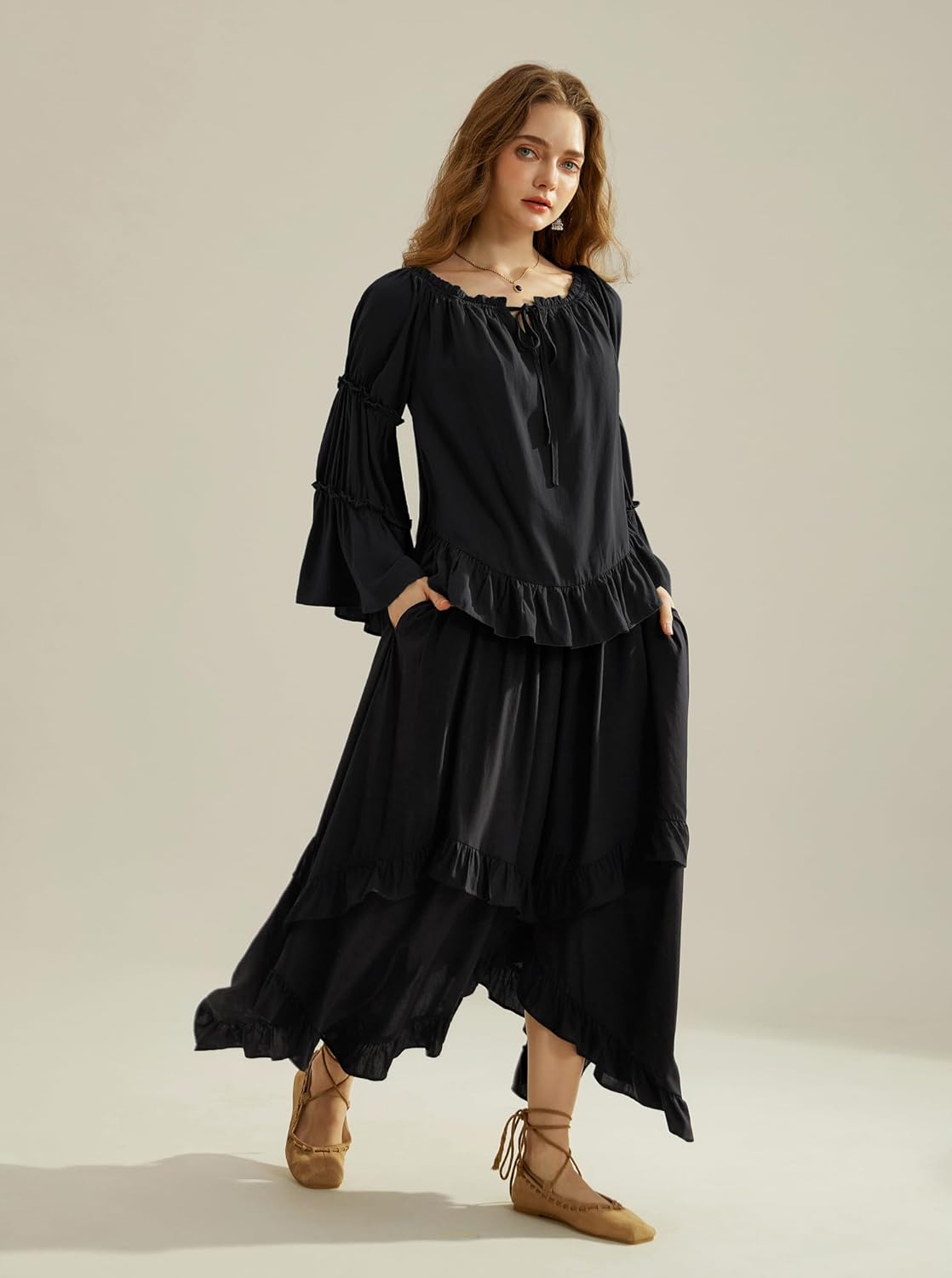 Scarlet Darkness Women Bell Sleeve Tops Ruffle Off Shoulder Casual Loose Renaissance Peasant Blouse - Image 5