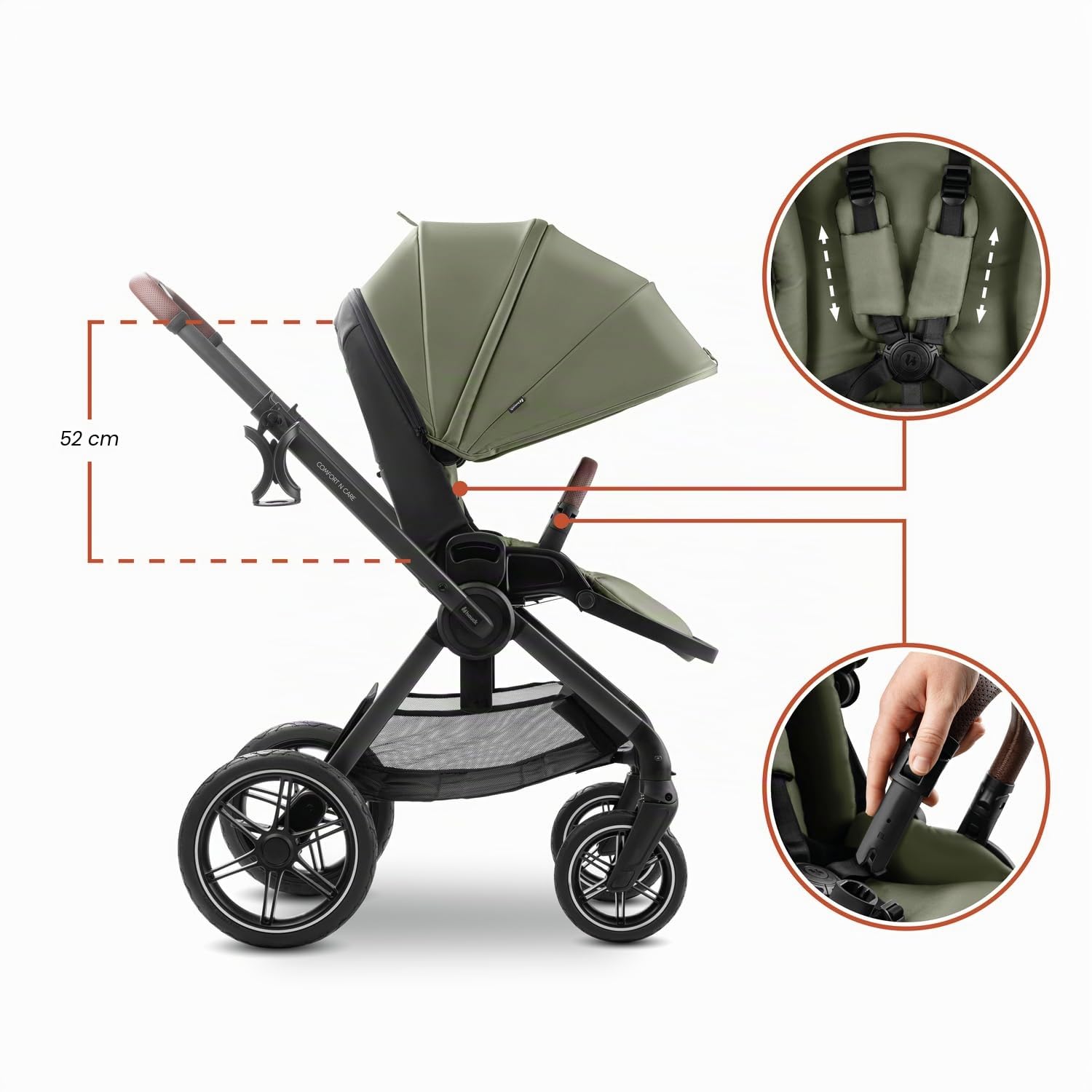 hauck Comfort N Care Carrito Bebe desde Nacimiento hasta 22 kg - Reversible y Reclinable - Capota XL UPF 50+ - Silla de Paseo con Suspensión - Cubrepiernas y Portavasos - Oliva