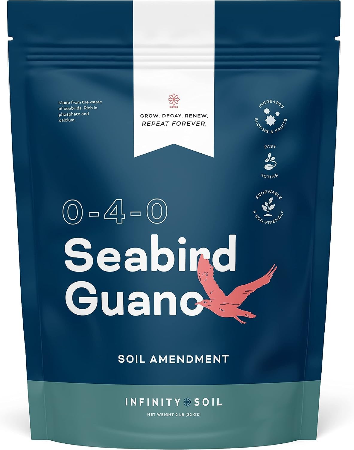 Seabird Guano - Sustainable and Natural Soil Amendment - Seabird Waste Rich in Phosphate and Calcium - Increases Foliage, Blooms and Fruit - 2 LBS