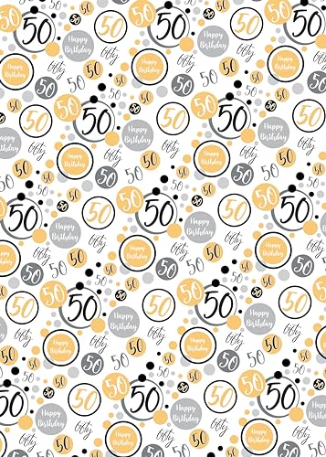 2 Sheets 50th Birthday Wrapping Paper Age 50 Birthday Gift Wrap Paper Male/Female Gold Black and Silver (PA)
