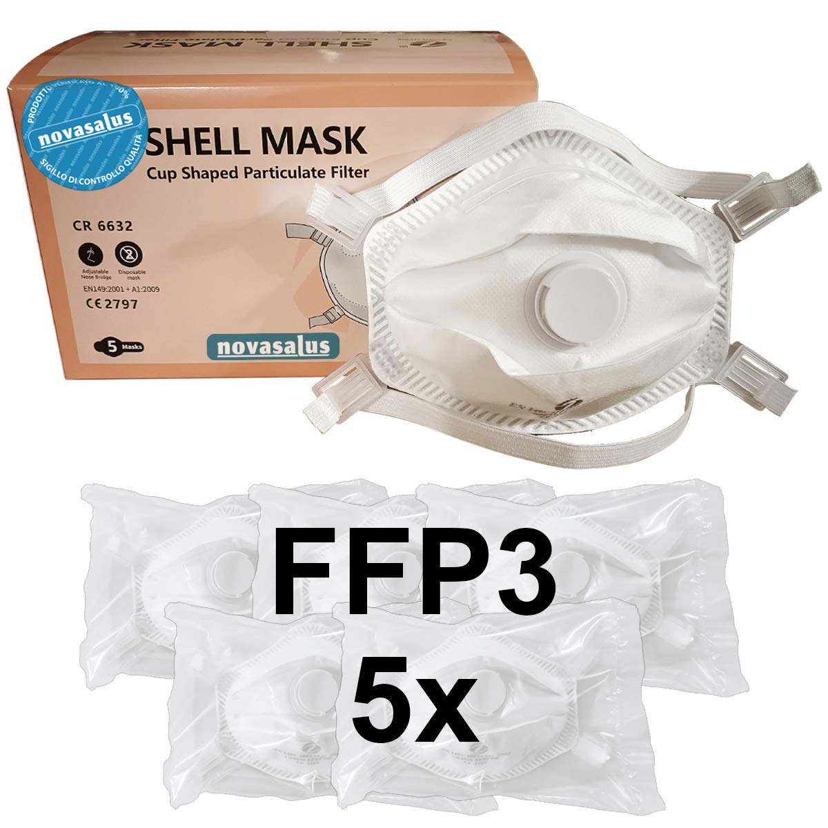 mascherine respiratori FFP3 con Valvola, mascherine protettive facciali"Cup Shape", Certificate CE 2797 - Confezione da 5 FFP3 NR