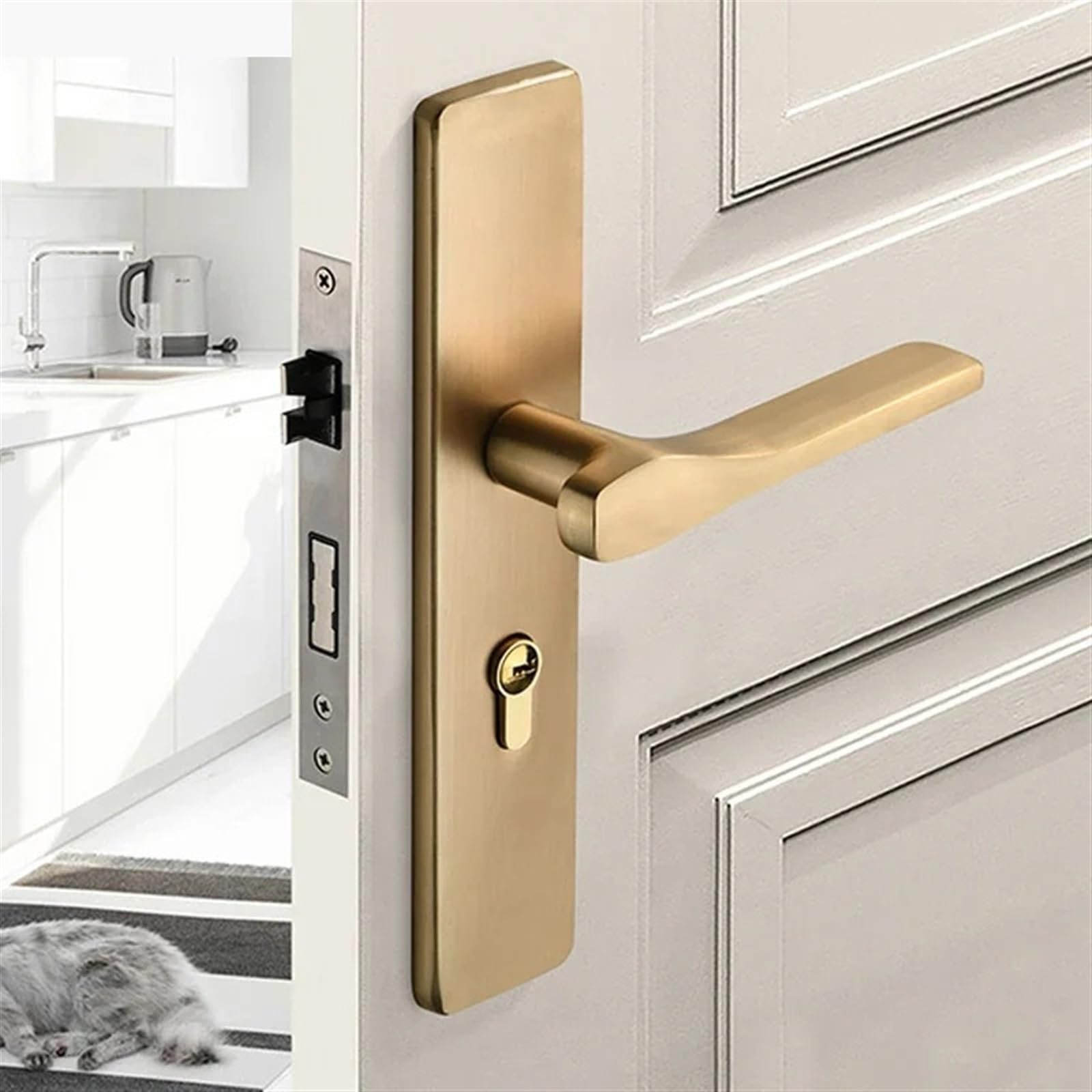 1 Juego de cerradura for dormitorio interior, manija puerta madera maciza for el hogar, lujo con luz cepillada cobre, accesorios hardware for Manilla Puerta Exterior(Gold)