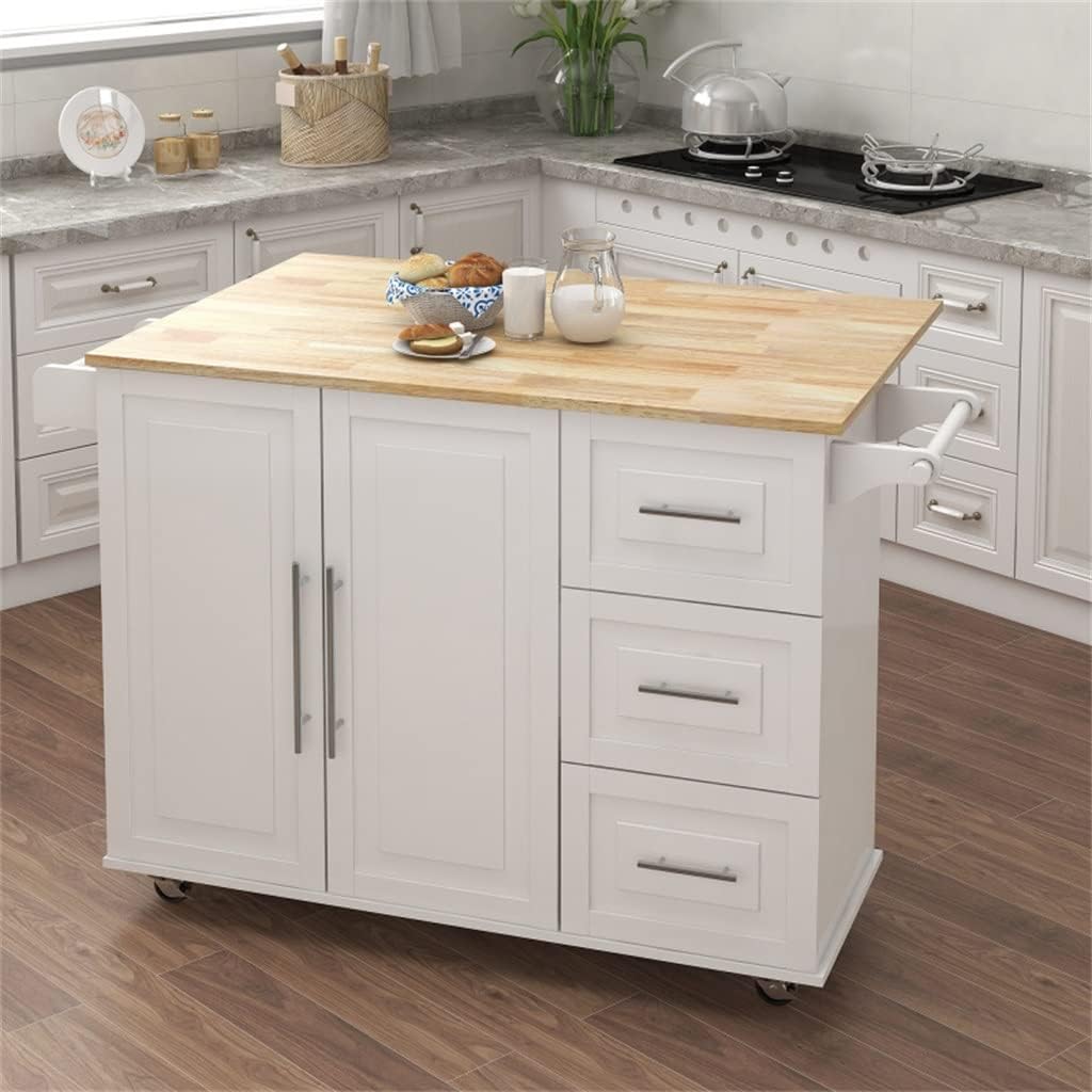 Kitchen Island Cart On Wheels,Rolling Kitchen Cart with Solid Wood Countertop and Spice Rack, Rolling Kitchen