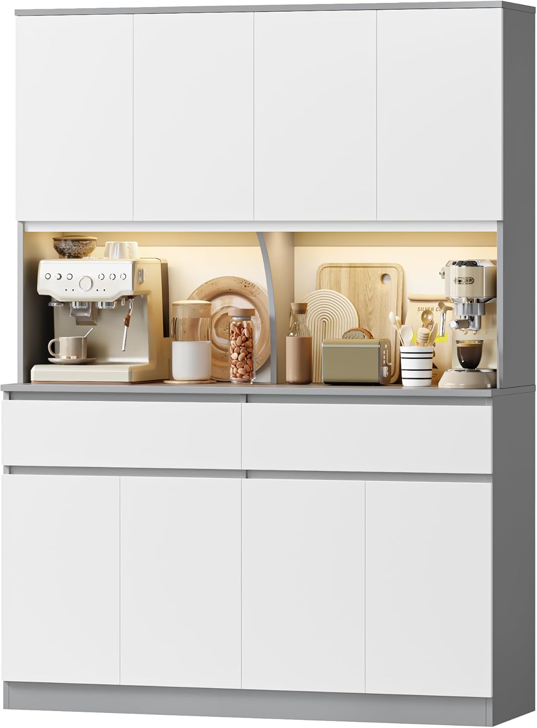 Keyluv 75"H x 55"W Kitchen Pantry Cabinet with LED Lights and Doors, Large Kitchen Hutch Storage Cabinet with Drawers, Food Pantry with Microwave Stand and Coffee Bar, Adjustable Shelves, White/Gray