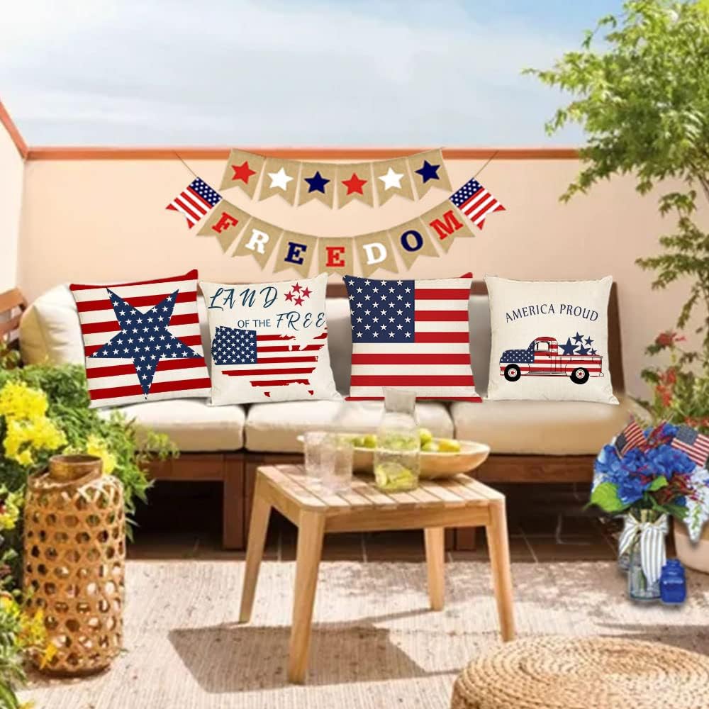 YeeJu Set of 4 Patriotic Throw Pillow Covers 24x24 4th of July Pillow Covers American Flag Fourth of July Memorial Day Independence Day Red White Blue Veteran Pillow Cases for Home Outdoor Decoration