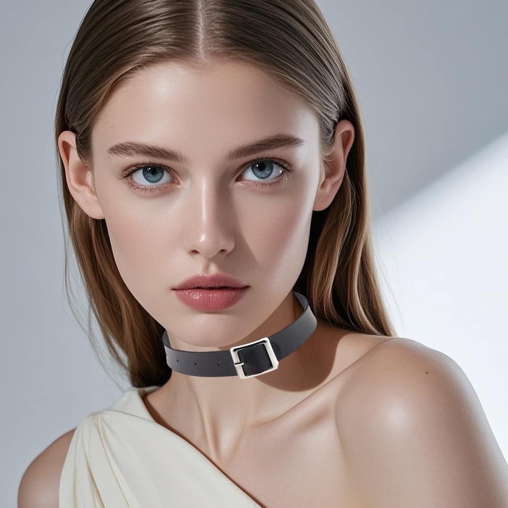 Black Cowhide Leather Choker for Women Jewelry Adjustable Gothic Style Plain Genuine Leather Collar Chain Punk Design Circle Short Necklace for Costume Jewelry Party Cosplay Gift