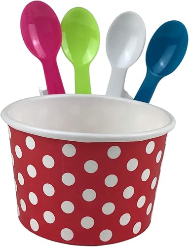 Miniatura 2 de MMvolesy Copas de helado de papel rojo de 8 onzas, tazas de postre desechables de papel de lunares, cuencos de helado para alimentos fríos o