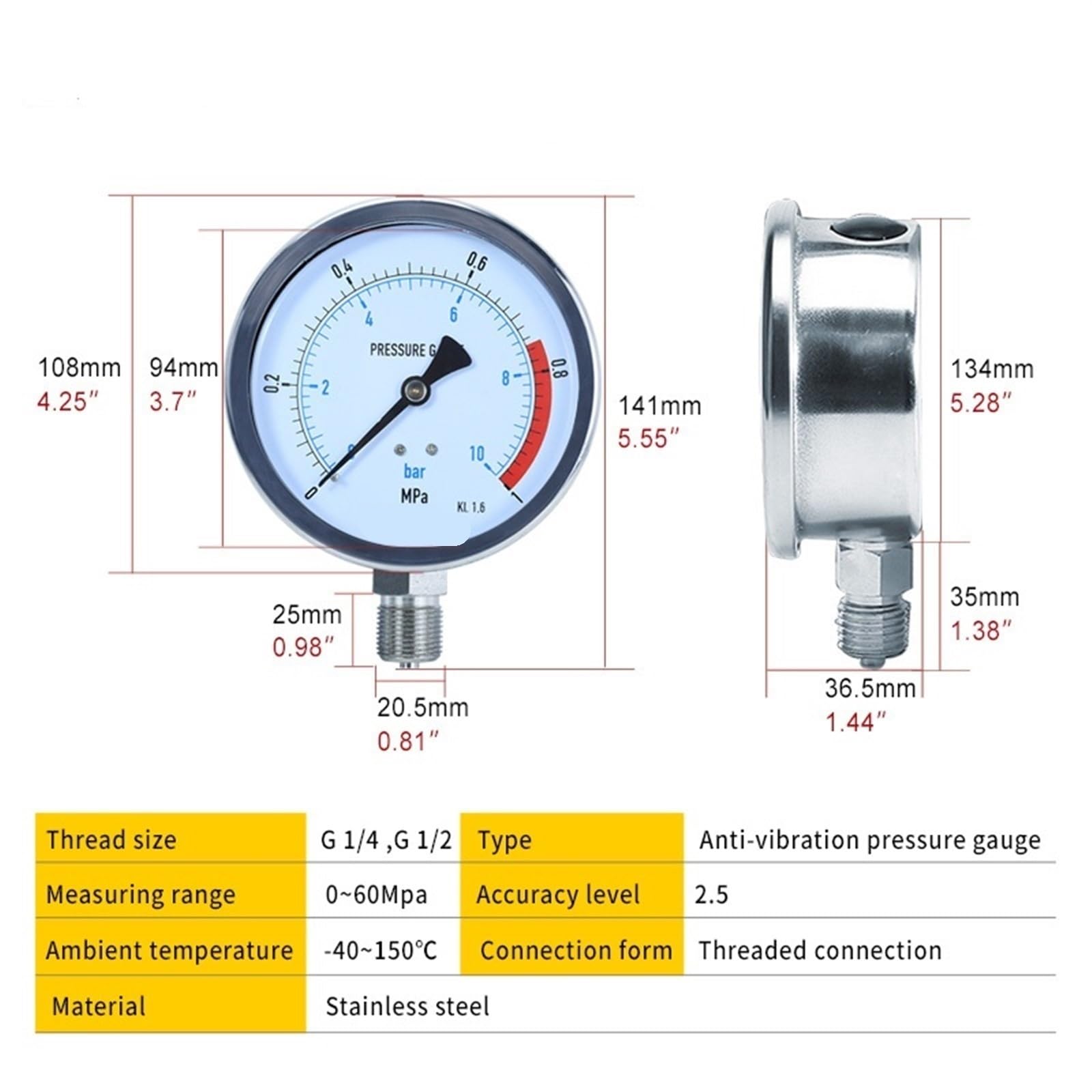 Manómetro hidráulico Radial de Agua de 0-60 MPa, de Acero Inoxidable con glicerina y antivibración, G 1/4 G 1/2, manómetro Digital (YN60BF-1/4, 0-16 MPa)