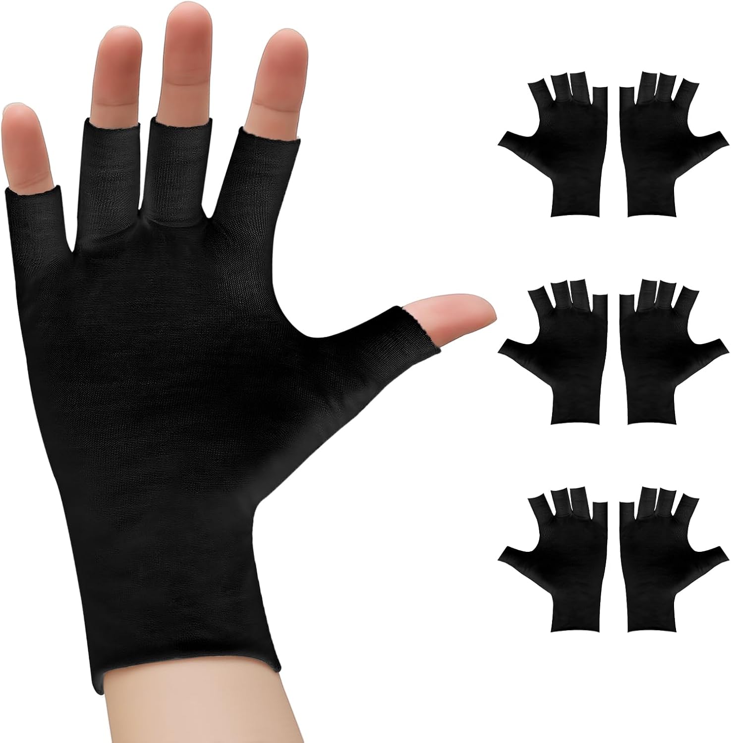 3Pairs Black Moisturizing Gloves, Fingerless Gloves for Men and Women, Cotton Fingerless Gloves for Eczema, Overnight Hydration Fits Most Dry Hands