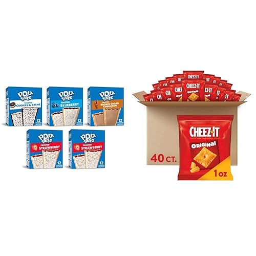 Pop-Tarts Pasteles tostadores de desayuno, paquete variado (60 unidades), 5 unidades y galletas Cheez-It originales de queso horneado, aperitivos