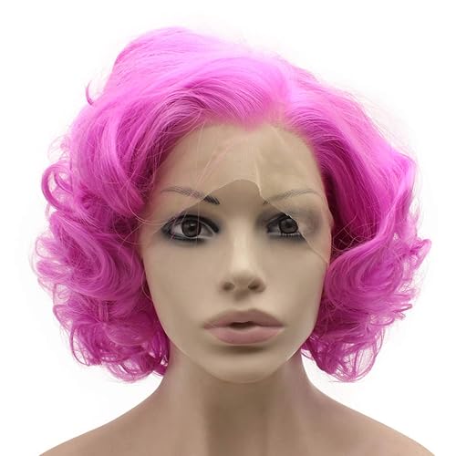 Miniatura 3 de Mxangel - Peluca de cabello sintético corto rizado morado con encaje frontal, resistente al calor