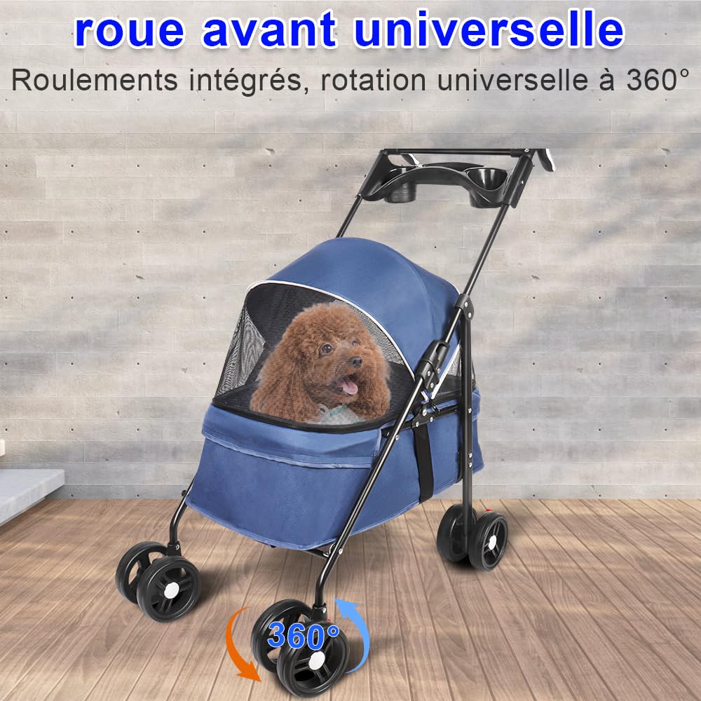 Poussette de voyage pliable pour chiens et chats, poussette de jogging pour chat avec roues, porte-gobelet, auvent réglable, grand panier de rangement et maille visible