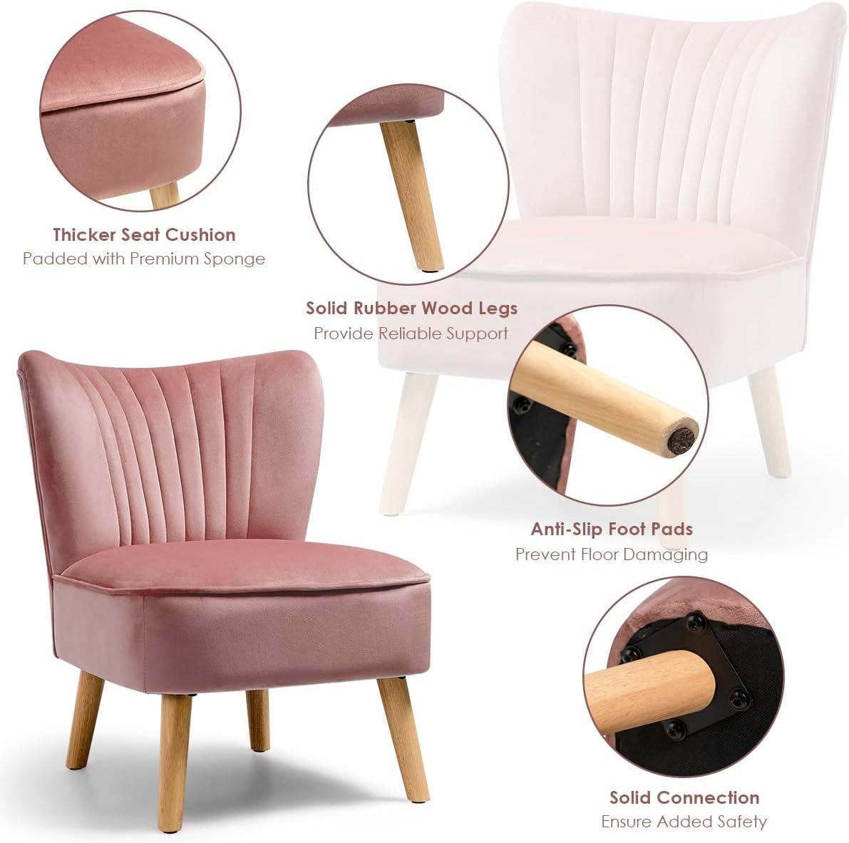 LUARANE Armless Velvet Accent Chair, Modern Leisure Chair with Curved Backrest Thick Sponge Cushion Wood Legs, Small Upholstered Wingback Sofa Chair for Bedroom Living Room (1, Pink)