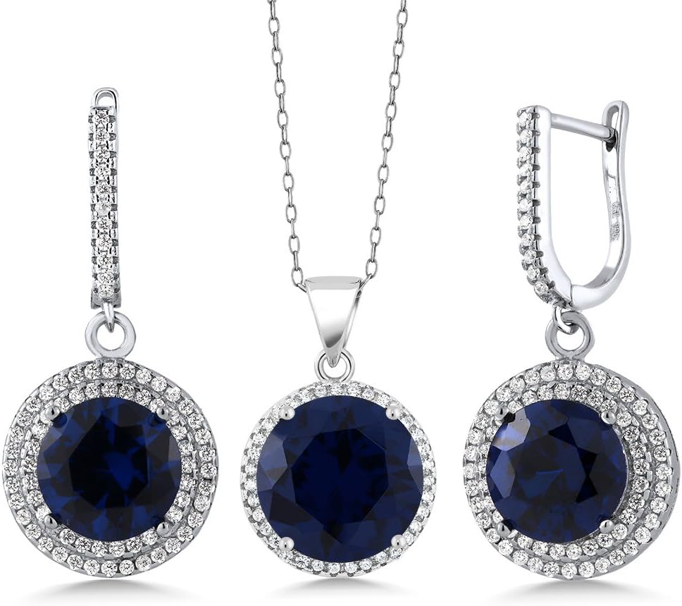 Gem Stone King 18.50 Cttw Round Blue Simulated Sapphire Earrings Pendant Set For Women | 925 Sterling Silver | With 18 Inch Chain | Pendant: 13MM = 9 Ct | Earrings: 10MM = 9.50 Cttw