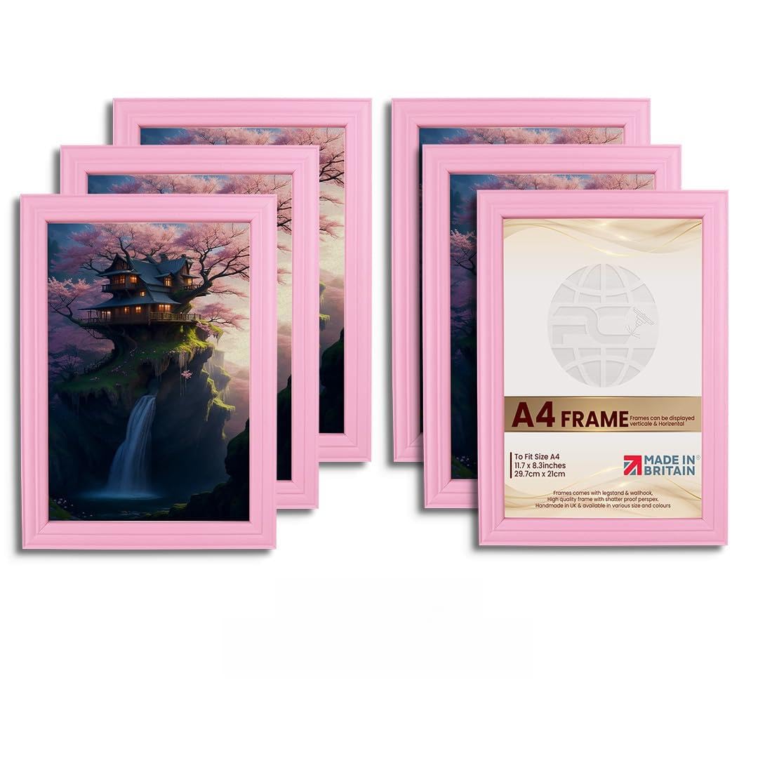 Procut Global Picture Frames A4 Pastel Pink (Pack of 6) - Classic A4 Frames With Safe Perspex Front & Wall Hanging Hooks - Premium Synthetic Wood - Handmade Frames