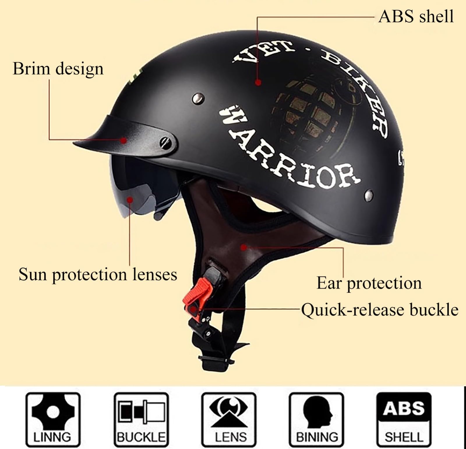 Retro półkask z ukrytym wizjerem, niemiecki kask motocyklowy do motocykla, cruisera, motoroweru, skutera, certyfikat CE, unisex, A, M (56-58 cm)