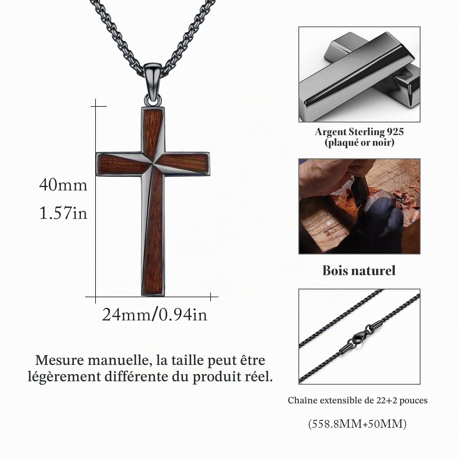 REDSUN Grand collier en forme de croix noire en argent sterling 925 avec incrustation en ébène, pendentif unisexe pour hommes et femmes, pendentif en bois, marqueterie 55 + 5 cm