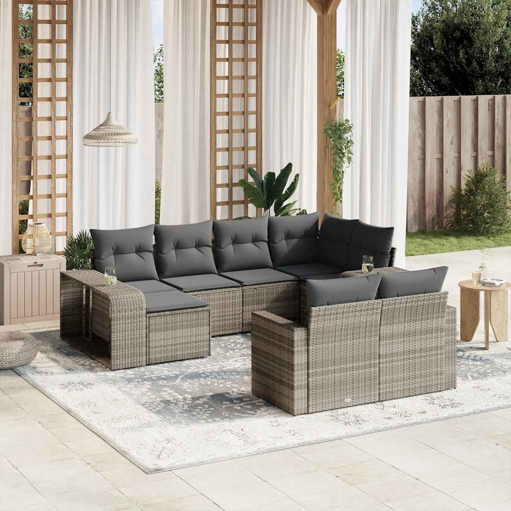 10-TLG Garten-Sofagarnitur Hellgrau Poly Rattan mit Kissen, wetterfestes Outdoor Lounge Set für Terrasse Balkon Wintergarten, modular, pflegeleicht, platzsparend, inklusive Tisch und Regal