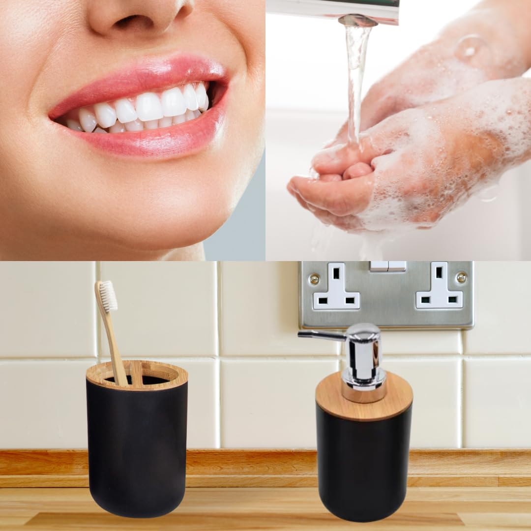 Juego Accesorios baño Negro y bambú, Incluye dispensador jabón, escobilla de baño y Porta Cepillo de Dientes - Kit Completo de 3 Piezas sin Taladro