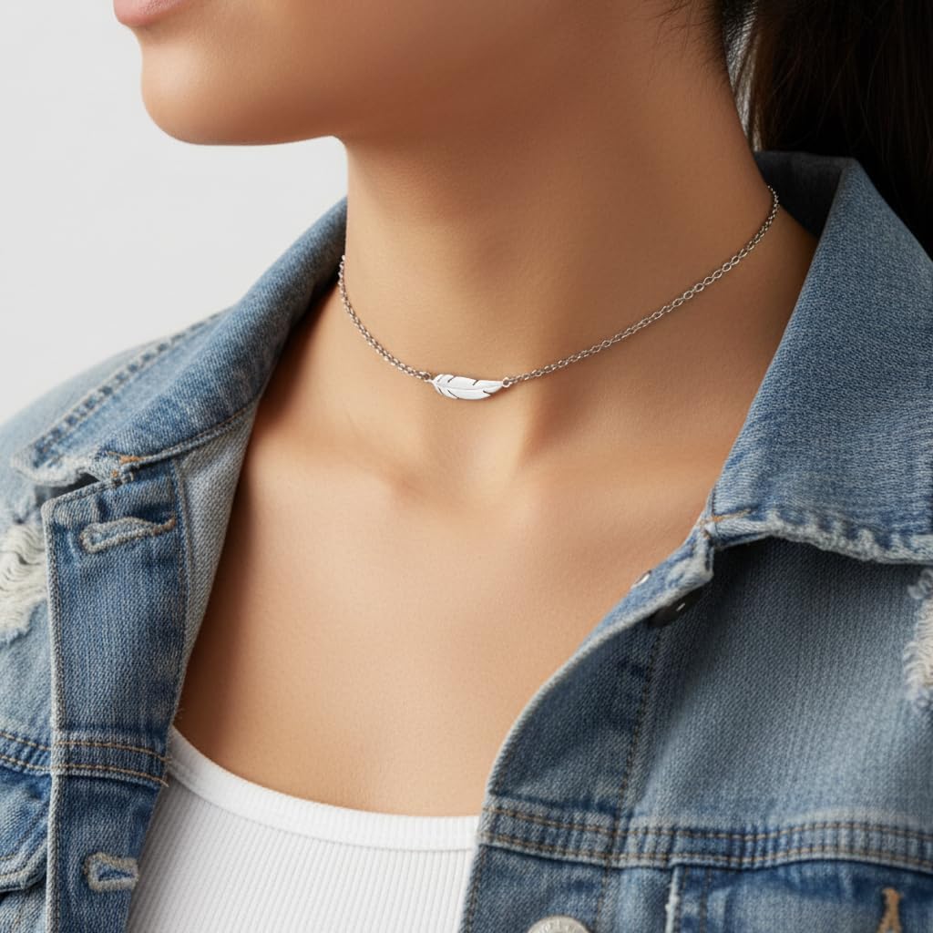 EnCharmed Stainless Steel Feather Dainty Choker, Handmade Minimal Layering Adjustable Necklace 14-16 Inches - Image 3