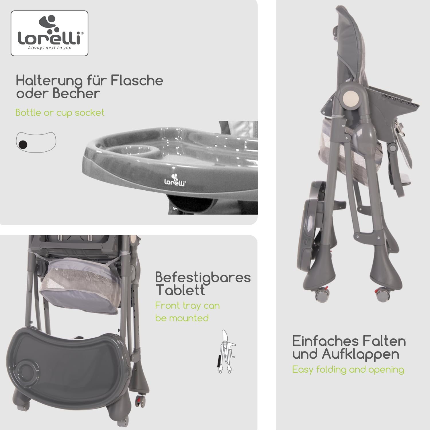 Lorelli Bellissimo krzesełko dziecięce rosnące wraz z dzieckiem, składane, regulowane wysokie krzesło z pasem bezpieczeństwa, podwójna taca, kosz, rolki i obicie ze skóry PU, beżowe