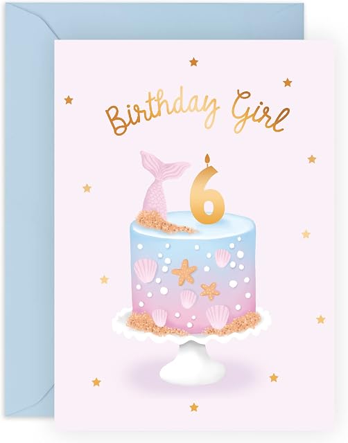 Sixth Birthday Card for Girls - Happy 6th Birthday Card - Age 6 - Six Year Old - Cute Pastel Pink Blue Mermaid Shells - Kids - Daughter - Granddaughter - Comes With Fun Stickers - By Central 23