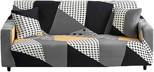 Funda de sofá estampada elástica para sofá de 3 cojines, funda elástica universal para muebles con 2 fundas de almohada (tablero de ajedrez gris y