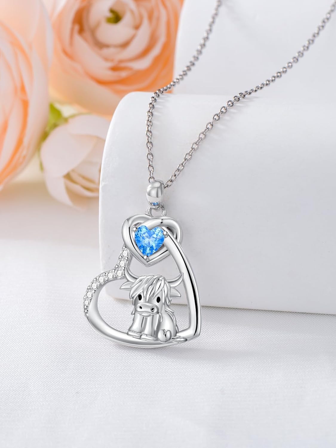 Highland Cow Necklace - 925 Sterling Silver Scotland Pendant, Heart-Shaped. Western Jewelry Gifts for Women, Girls, Mom, Daughter or Cow Lover